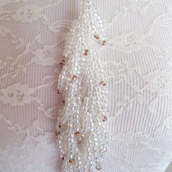 Iridescent white & copper bead lariat necklace & pierced dangling hoop earrings - Picture 13 of 16